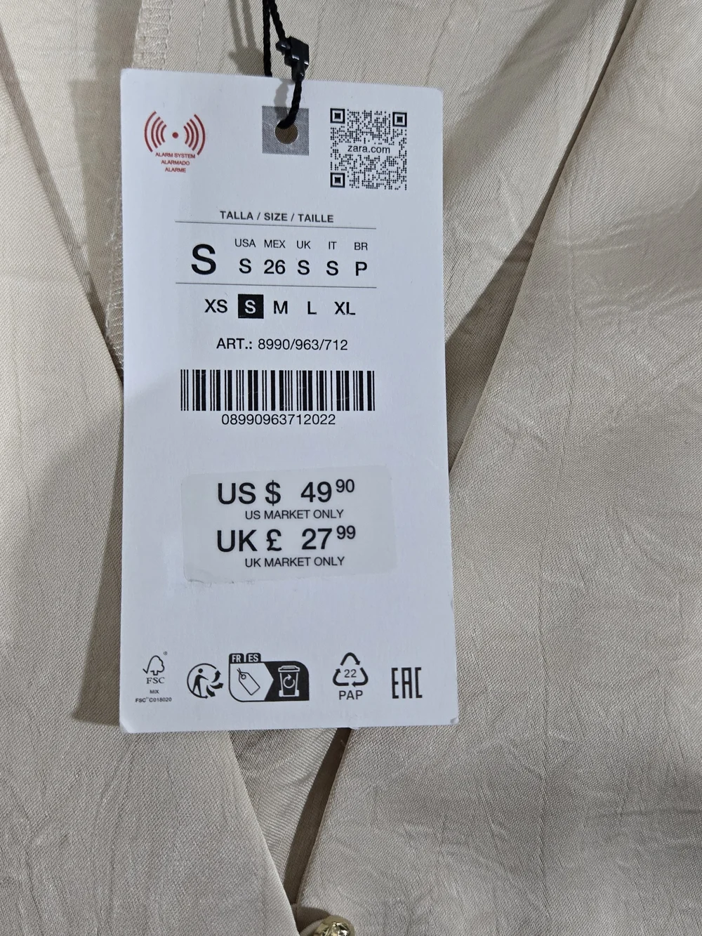 Zara Cream Button-Front Long Sleeve Blouse